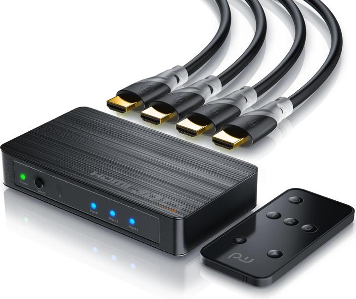 CSL 3 Port HDMI 2.0 Switch + 4 x HDMI 2.0 Kabel 1,5 m, Umschalter inkl. Fernbedienung, Ultra HD