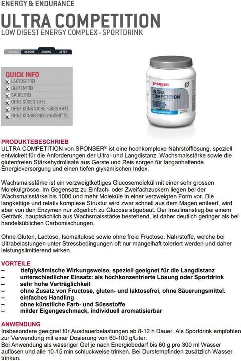 Nutritional values and ingredients Sponser ultra competition (Neutral, 1 pcs., 1000 g)
