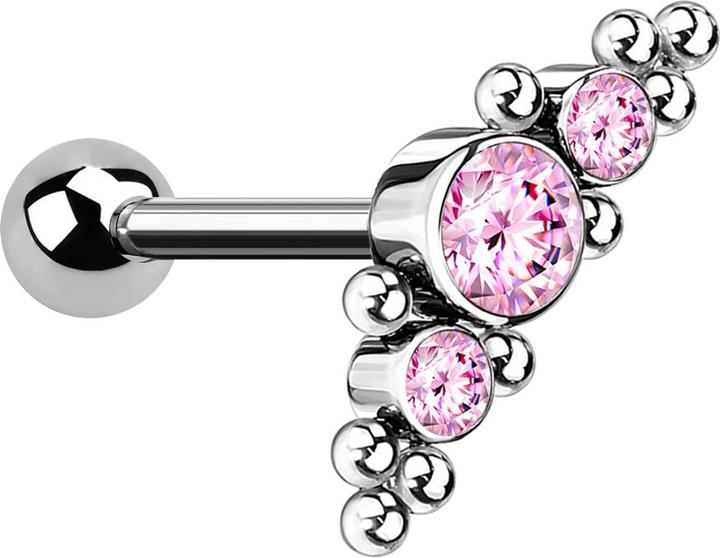 Produktbild Star Piercing Micro Threadless Barbell silber mit Kugel und mittig mit Kugeln und drei Kristallen pink (ohne Messing, Titan G23)