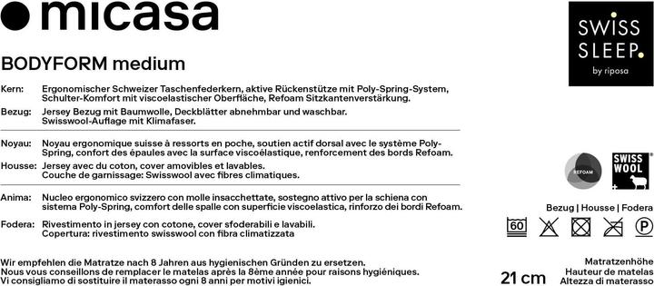 Nährwerte und Zutaten SwissSleep by riposa Bodyform (80 x 200 cm, Federkern)