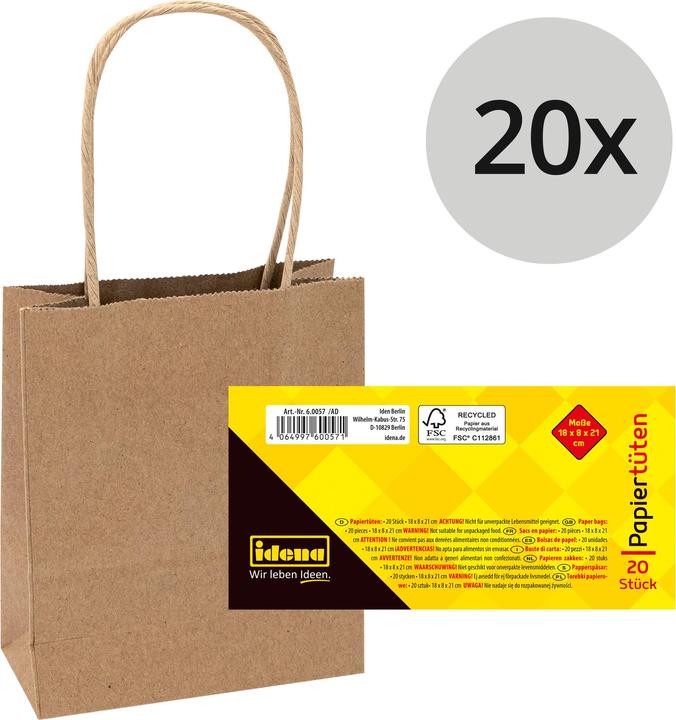 Produktbild Idena 60057 - Papiertüten, 20 Stück, 18 x 8 x 21 cm, Geschenktüten, Kraftpapier Tüten, Basteltüten z (Geschenkpapier, 20 x)