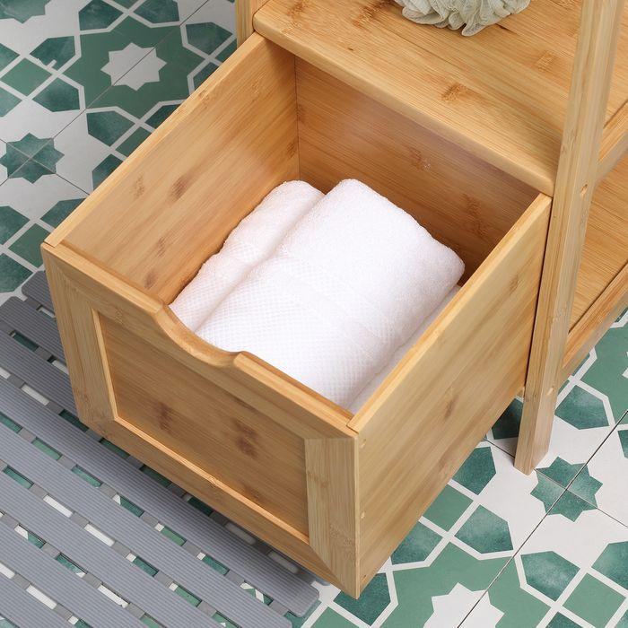 Immagine prodotto Swisshandel24 Mobile da bagno in bambù, 3 ripiani, 2 cassetti, protezione antiribaltamento (30 x 30 x 140 cm)