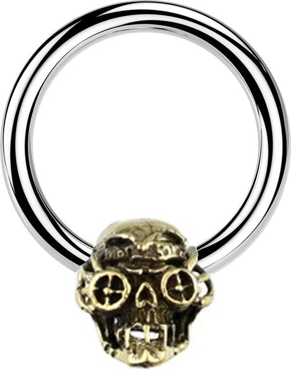 Image du produit Star Piercing Micro Closure anneau argent tête de mort steampunk plaqué or (Laiton, Acier chirurgical 316L)