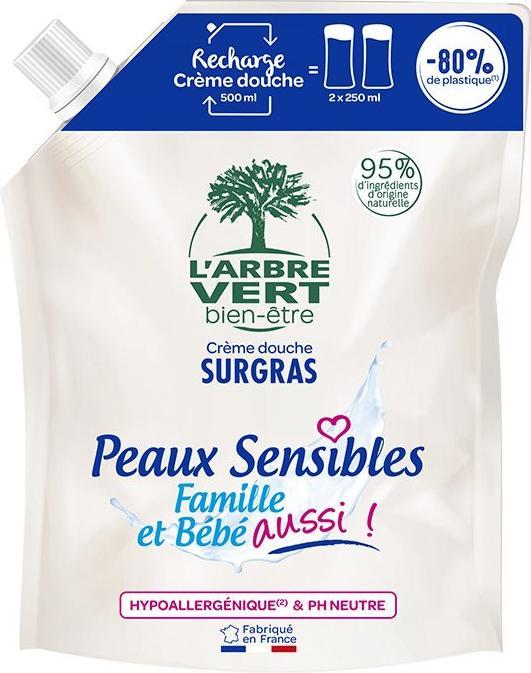 Image du produit L'arbre vert douche peaux sensibles recharge français liq (500 ml)