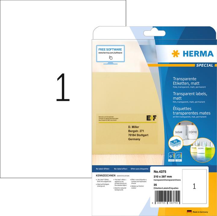 Image du produit HERMA Étiquettes d'adresse transparentes A4