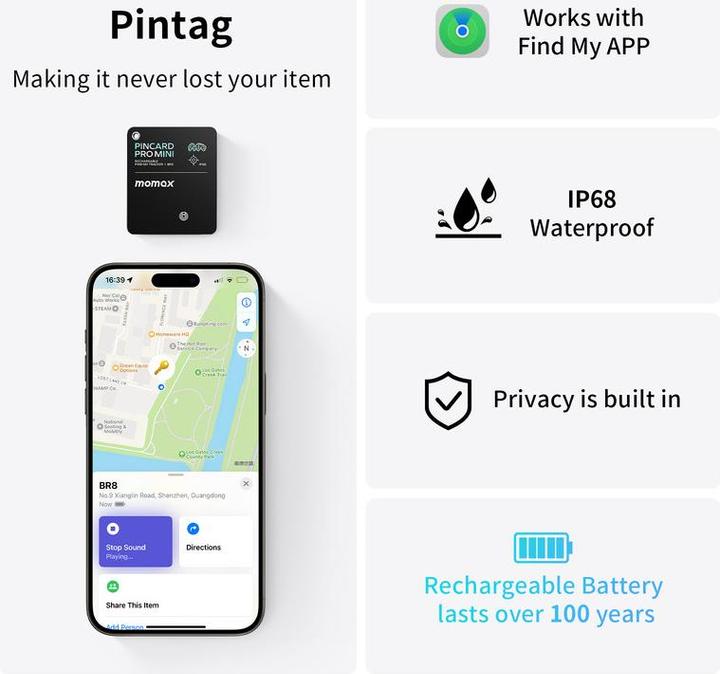 Image du produit Momax PinCard Pro Mini Rechargeable Find My Tracker