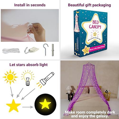 Produktbild Activity Board Lila Betthimmel mit vorgeklebten leuchtenden Sternen - Violett Prinzessinen Moskitonetz für Mädchen