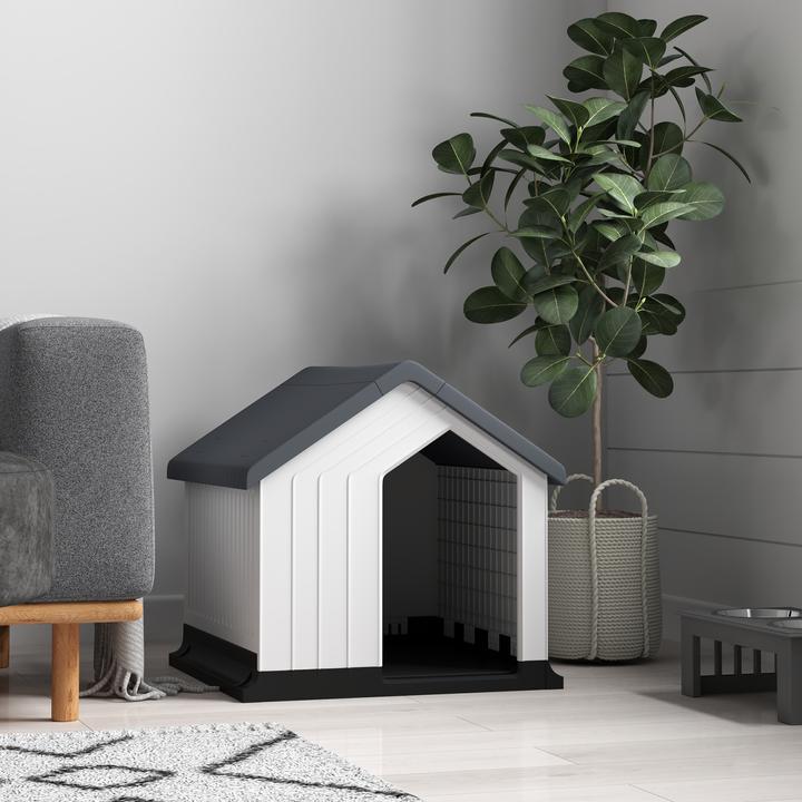 Produktbild PawHut Hundehütte Kunststoff Grau+Weiss (Hundehütte)