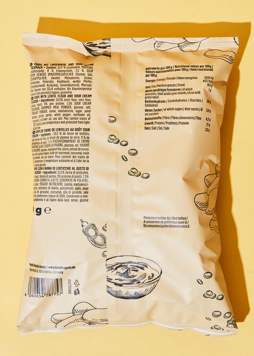 Valeurs nutritives et ingrédients KoRo Chips à la farine de riz, à la farine de pois chiches et au goût de crème aigre (700 g)