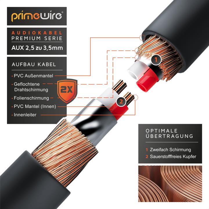 Produktbild Primewire 2,5mm Klinke zu 3,5mm Klinke Audio Kabel, AUX, HiFi Audio Adapter Klinkenkabel / Verbindungskabel (1.50 m, 3.5mm Klinke (AUX))