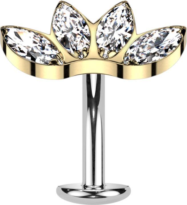 Star Piercing Threadless Labret-Stab Banane silber Fächer vergoldet mit vier Kristallen silber (Titan G23)