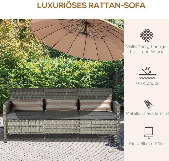 Actual product image Swisshandel24 Rattan Sofa mit Kissen, Dreisitzer, Garten Loungesofa, Stahl, Grau, 173 x 68 x 78 cm