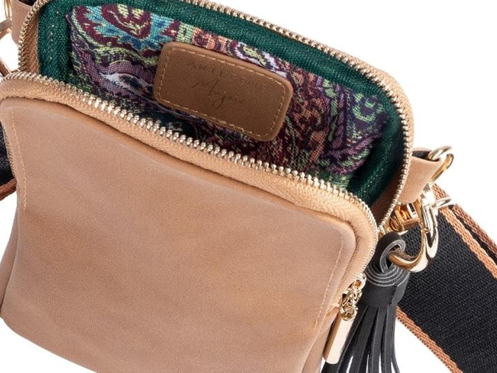 Immagine prodotto Artebene MAJOIE borsa portacellulare in pelle nabuk color cammello - Borsa crossbody vegana con accenti