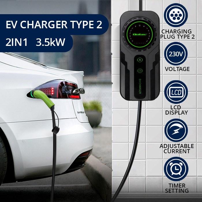 Actual product image Qoltec Mobilna ładowarka do samochodu elektrycznego EV z regulacją 2w1 Typ2 | SCHUKO | 3.5kW | 230V (Type 2, 3.50 kW, 16 A)