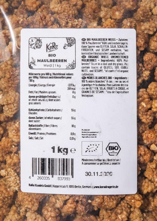 Valeurs nutritives et ingrédients KoRo Mûres blanches bio (1000g) (1000 g)