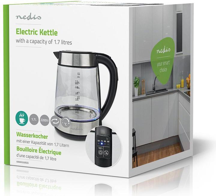 Actual product image Nedis Kettle - Glass housing - Temperature display - Variable temperatures (60, 70, 80, 90, 100 (1.70 l, EU plug)