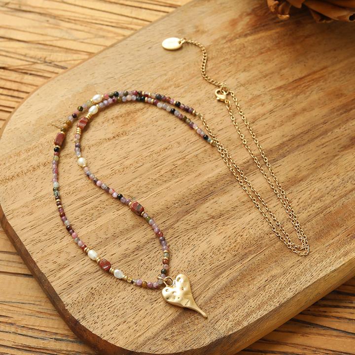Image du produit Andreani Collier avec petit pendentif coeur en véritable jaspe léopard (doré)