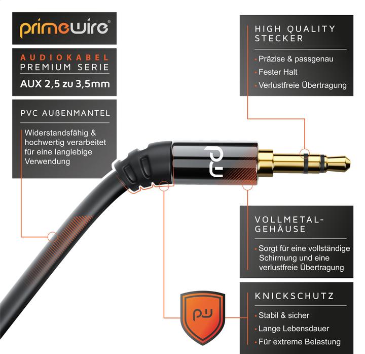 Produktbild Primewire 2,5mm Klinke zu 3,5mm Klinke Audio Kabel, AUX, HiFi Audio Adapter Klinkenkabel / Verbindungskabel (1.50 m, 3.5mm Klinke (AUX))