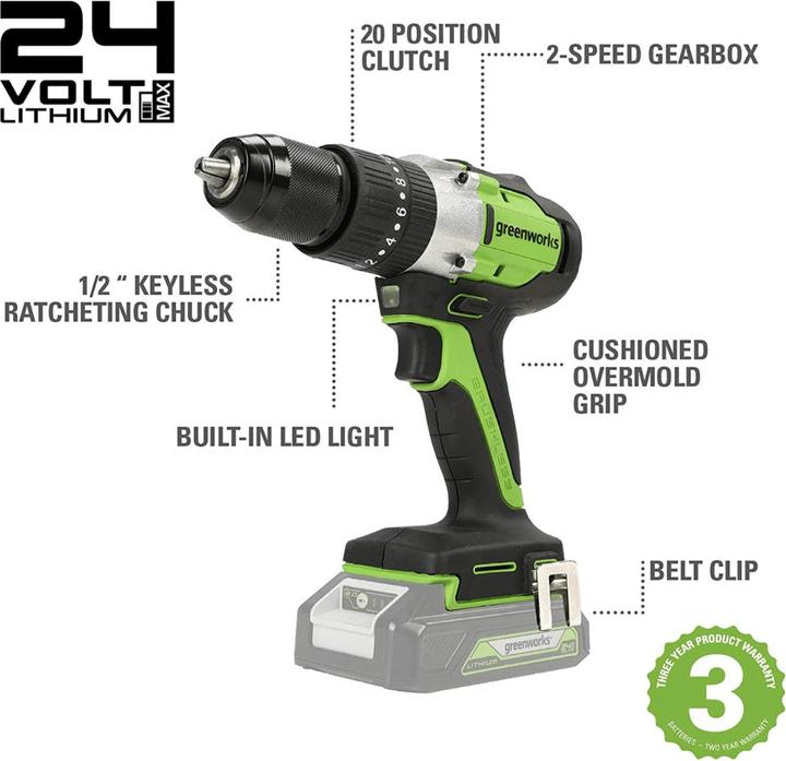 Produktbild Greenworks Schraubendreher - Bohrmaschine GD24DD60K2 24 V 1 x Akku 2 Ah (Akkubetrieb)