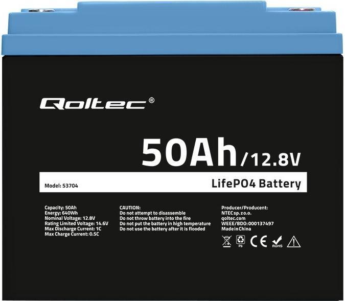 Actual product image Qoltec 53704 LiFePO4 lithium iron phosphate battery | 12 8V | 50Ah | 640Wh | BMS (12.80 V, 50 Ah)