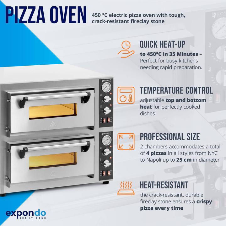 Immagine prodotto Royal Catering Forno elettrico per pizza - 4+4 x 25 cm - 2 camere - 8.400 W - 400 V - Pietra chamotte - Royal (Forno elettrico per pizza)