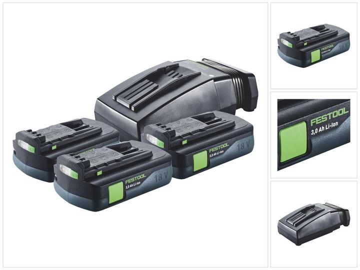 3x Festool BP 18 Li 3,0 C bloc batterie 18 V 3,0 Ah ( 577658 ), 1x Festool TCL 6 chargeur ( 201135 )