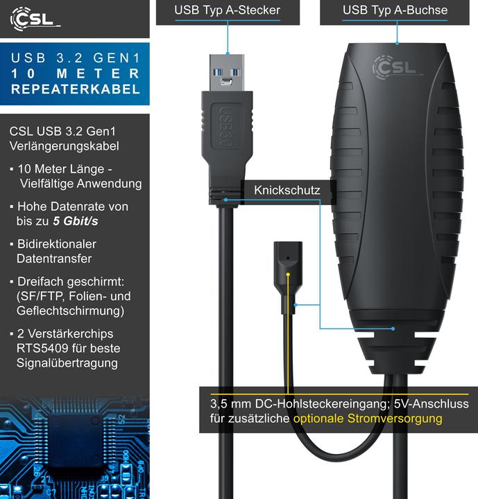 Produktbild CSL USB 3.2 Gen 1 Repeaterkabel, Verlängerungskabel aktiv, Repeater Verlängerung, Verstärker Kabel (10 m, USB 3.2 Gen 1)