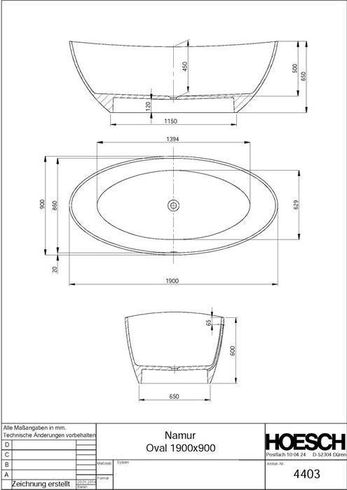Produktbild Hoesch Badewanne NAMUR 1900x900x450mm freistehend we (370 l, 190 cm, 90 cm)