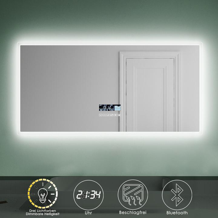 SONNI Badezimmerspiegel mit LED-Beleuchtung, 120 x 60 cm, Bluetooth-Lautsprecher + 3 Lichtfarben ein