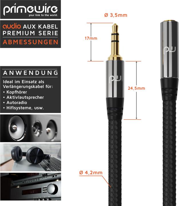 Image du produit Primewire AUX Câble jack extension, Câble de connexion audio, Coupleur nylon, jack vers 3,5mm femelle (5 m)
