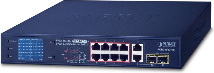 Actual product image Planet 8-Port 10/100TX 802.3at combo PoE Switch 2-Port Gigabit TP/SFP with LCD PoE Monitor 120 Watts (8 Ports)