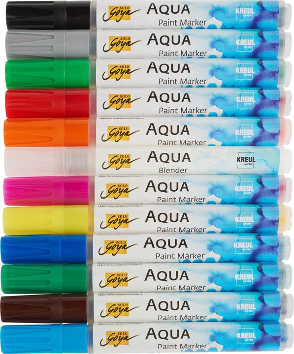 Actual product image Solo Goya Aqua Paint Marker Powerpack (Black, Cobalt blue, Oxide brown dark, Cyan, Light grey, Yellow green, Permanent green, 12 x)