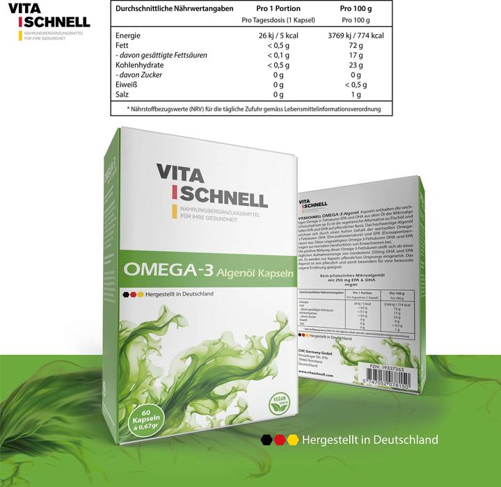 Nährwerte und Zutaten Vitaschnell Omega 3 Algenöl Kapseln (60 Stück, Kapseln, 53 g)