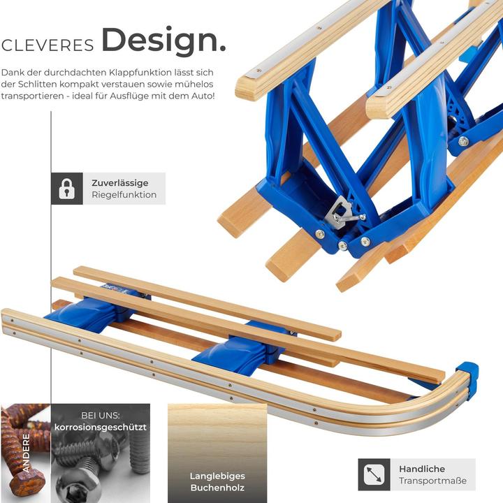 Produktbild tectake Holzschlitten Vivian, klappbar mit Rückenlehne und Zugseil