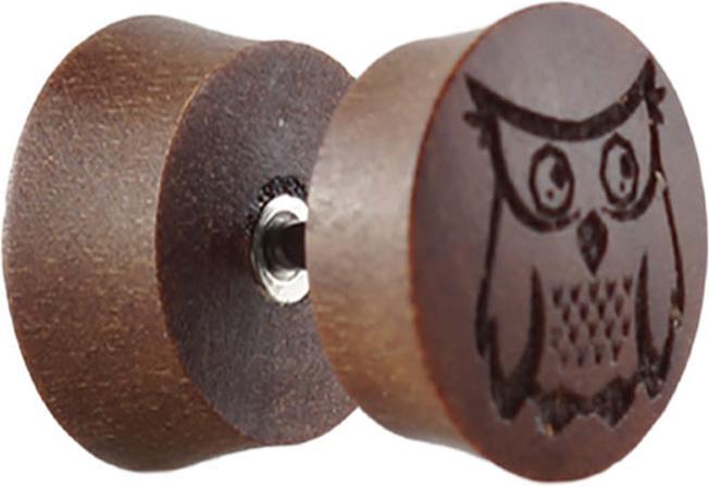 Produktbild Star Piercing Fake Plug aus Sawo Holz mit Eule (ohne Messing, Organisch)