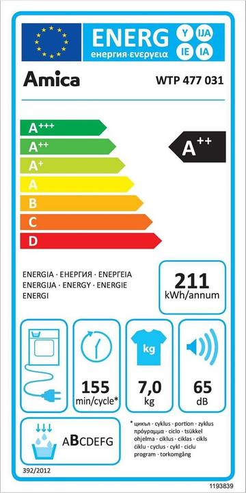 Label énergétique Amica Wärmepumpentrockner (7 kg, Droite)