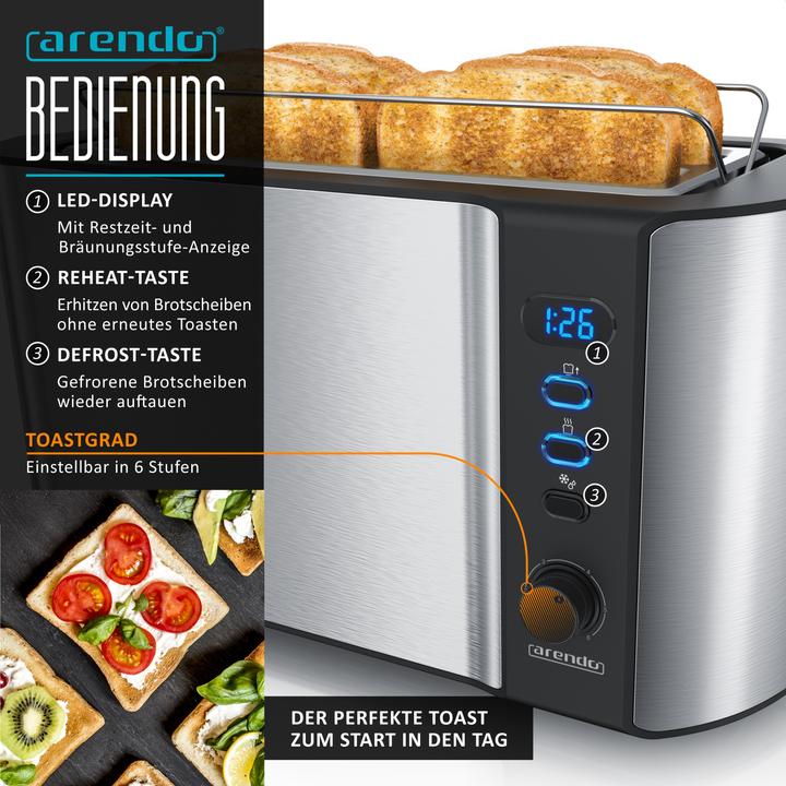 Actual product image Arendo Breakfast set, 4 slice long slot toaster with bread roll top & egg boiler for 7 eggs, silver