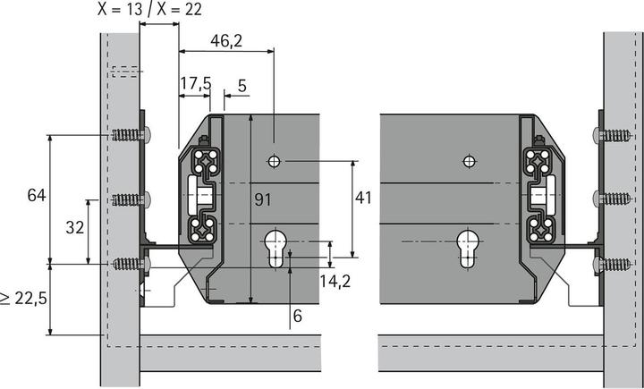Actual product image Hettich Systema Top 2000 Quadro Duplex 40, cabinet depth 316 mm, dimension X=13mm