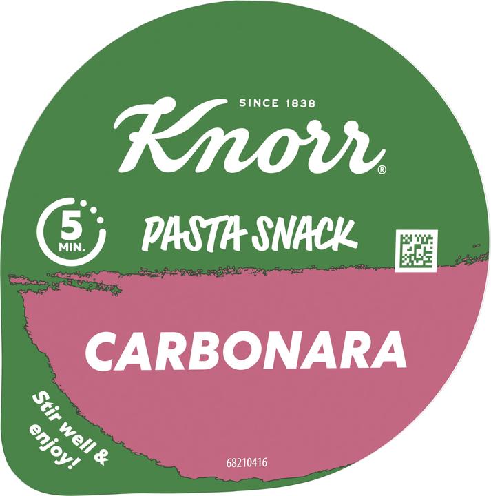 Produktbild Knorr Pasta Snack Carbonara Becher, Teigwaren mit cremiger Sauce & Speck, in 5 Minuten zubereitet (88 g)