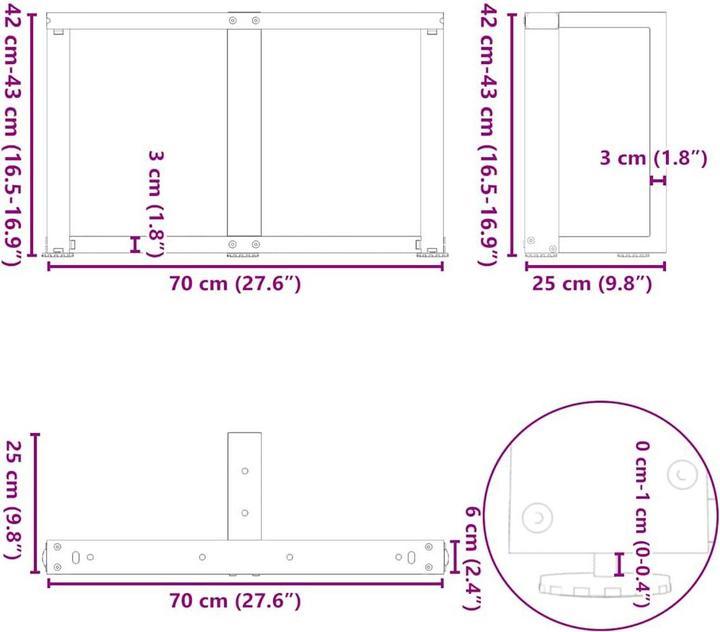 Produktbild VidaXL Couchtischbeine T-Form 2 Stk. Weiss 70x25x(42-43) cm Stahl Tischbein