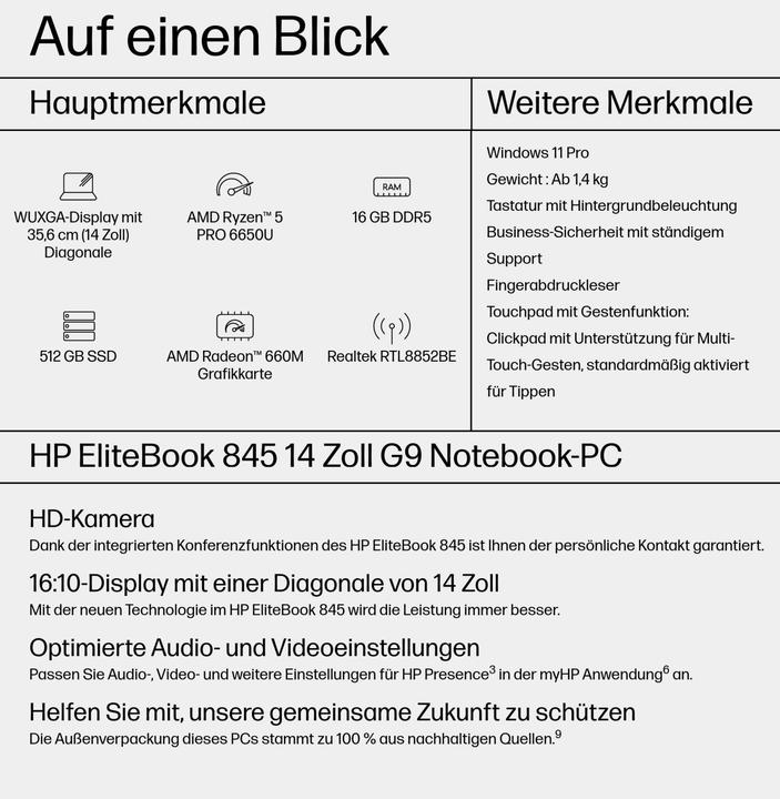Immagine prodotto HP EliteBook 845 G9 (14", AMD Ryzen 5 Pro 6650U, 16 GB, 512 GB, DE)