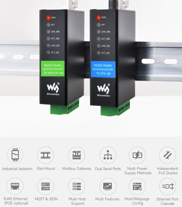 Immagine prodotto WaveShare RS232 RS485 a RJ45 Ethernet Serial Server POE ETH (B)
