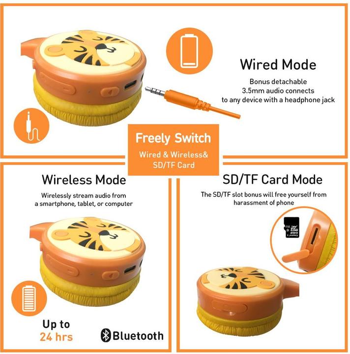 Immagine prodotto PhoneLook Custodia cool sans fil Bluetooth 5.3 per bambini con volume attenuato 85dB e design divertente Tigre