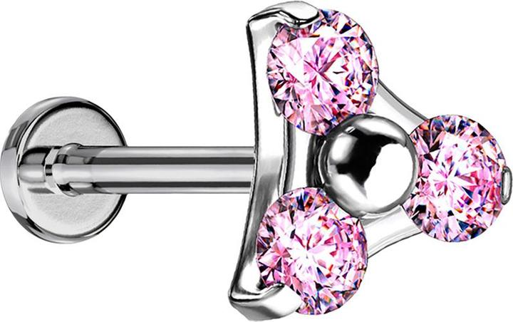 Produktbild Star Piercing Micro Threadless Labret silber Dreieck drei Kristalle pink (Titan G23, ohne Messing)