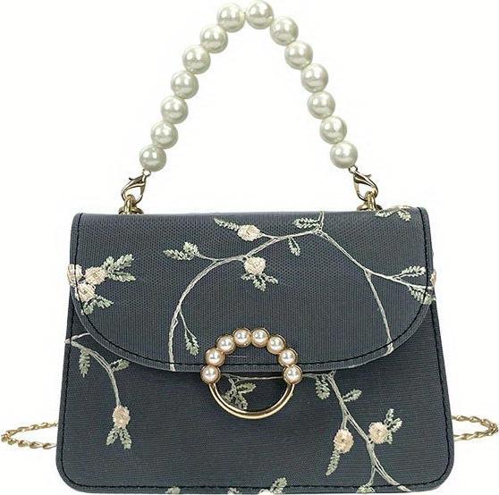 Only-Bags.Store Elegante, floral bestickte, quadratische Mini-Tasche mit Kunstperlen-Akzenten und verstellbarem