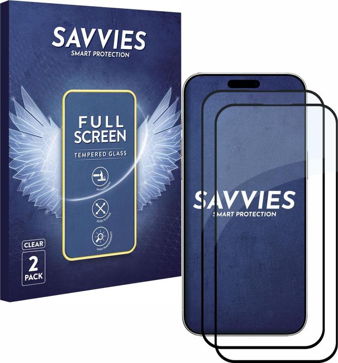 Savvies Full-Screen Displayschutz Panzerglas Schutzglas (2 Stück, Apple iPhone 16 Plus)