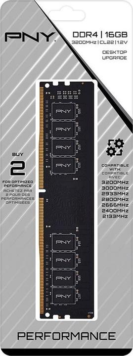 Produktbild PNY MD16GSD43200-TB, 16 GB, 1 x 16 GB, DDR4, 3200 MHz, 288-pin DIMM (1 x 16GB, 3200 MHz, DDR4-RAM, DIMM)