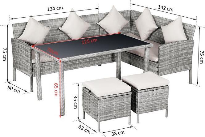 Produktbild Swisshandel24 Rattan Gartenmöbel Set Sitzgruppe mit Fusshocker Metall Grau 134 x 60 x 75 cm (125 cm)
