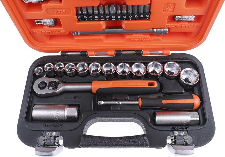 Immagine prodotto Bahco 1/4"- und 3/8"-Steckschlüssel-Satz, metrisch, Sechskant, inklusive Umschaltknarre - 34-teilig (3/8")