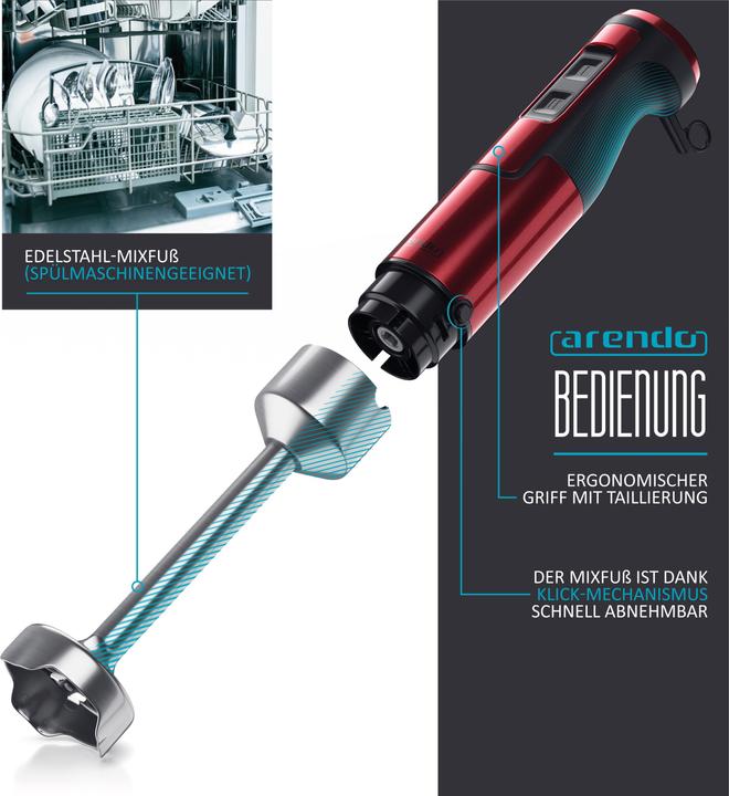 Actual product image Arendo Hand blender 1000W, stainless steel hand blender in red, hand blender with beaker, stepless